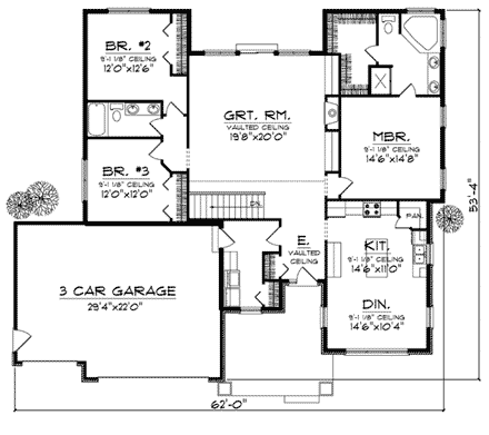 Bungalow, Craftsman, One-Story House Plan 73006 with 3 Beds, 2 Baths, 3 Car Garage First Level Plan