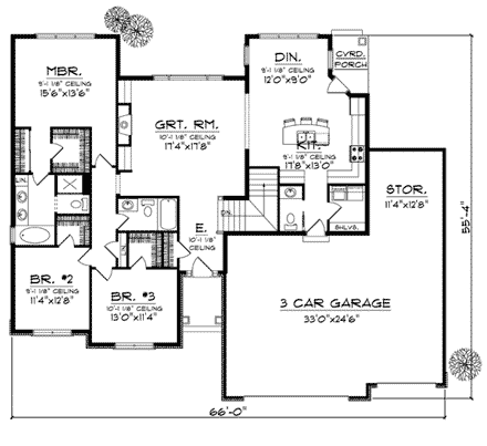 European House Plan 73007 with 3 Beds, 3 Baths, 3 Car Garage First Level Plan