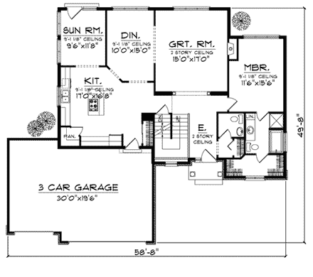 Traditional House Plan 73013 with 3 Beds, 3 Baths, 3 Car Garage First Level Plan