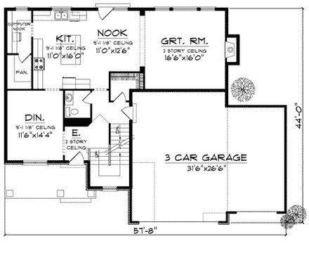 Bungalow, Traditional House Plan 73021 with 4 Beds, 3 Baths, 3 Car Garage First Level Plan