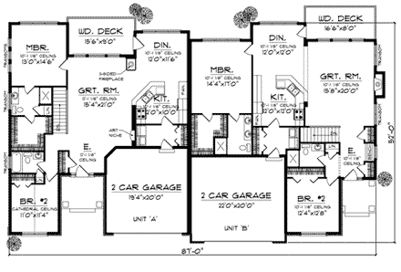 Traditional Multi-Family Plan 73033 with 4 Beds, 4 Baths, 4 Car Garage First Level Plan