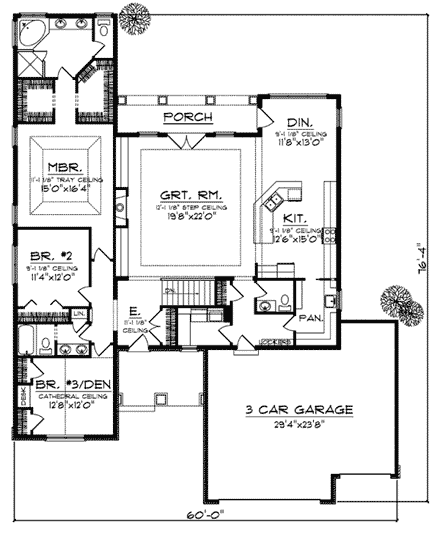 One-Story House Plan 73042 with 3 Beds, 3 Baths, 3 Car Garage First Level Plan