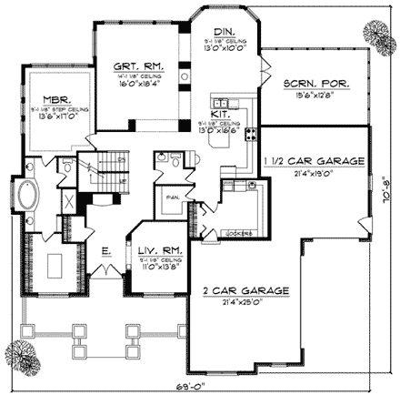 House Plan 73051 with 4 Beds, 5 Baths, 3 Car Garage First Level Plan