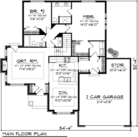 Ranch House Plan 73076 with 2 Beds, 2 Baths, 2 Car Garage First Level Plan