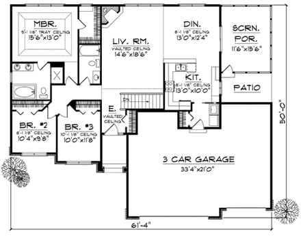 One-Story House Plan 73081 with 5 Beds, 3 Baths, 3 Car Garage First Level Plan