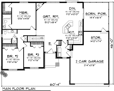 Ranch House Plan 73122 with 3 Beds, 2 Baths, 2 Car Garage First Level Plan