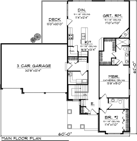 Craftsman, Ranch House Plan 73131 with 2 Beds, 2 Baths, 3 Car Garage First Level Plan