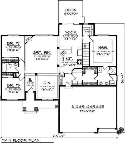 Bungalow, Craftsman, Ranch, Traditional House Plan 73135 with 3 Beds, 2 Baths, 3 Car Garage First Level Plan
