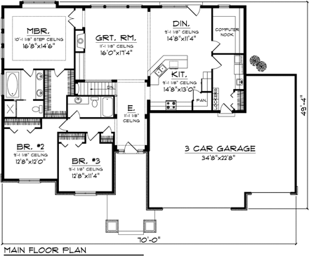 Craftsman, Traditional House Plan 73140 with 3 Beds, 2 Baths, 3 Car Garage First Level Plan