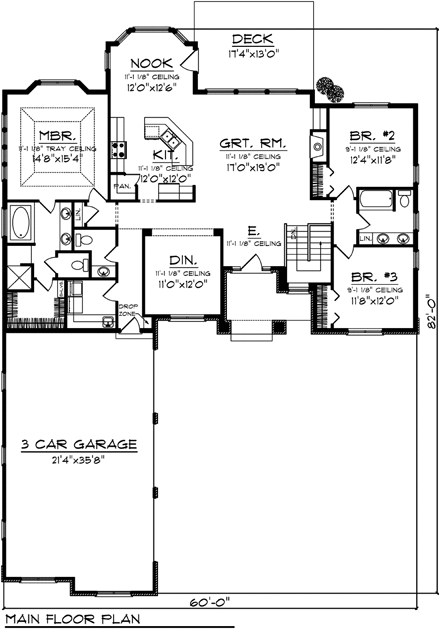 Ranch, Traditional House Plan 73141 with 3 Beds, 3 Baths, 3 Car Garage First Level Plan