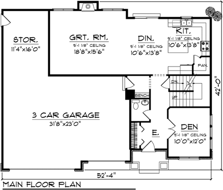 Prairie House Plan 73143 with 4 Beds, 3 Baths, 3 Car Garage First Level Plan