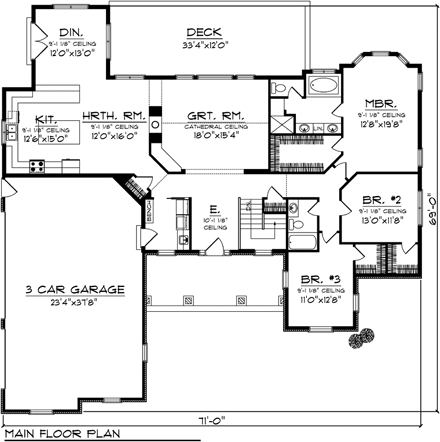 Country, Ranch House Plan 73145 with 3 Beds, 2 Baths, 3 Car Garage First Level Plan