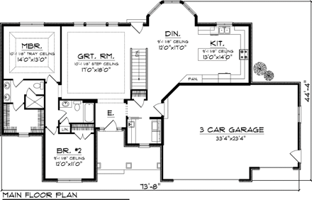 Ranch House Plan 73148 with 2 Beds, 2 Baths, 3 Car Garage First Level Plan