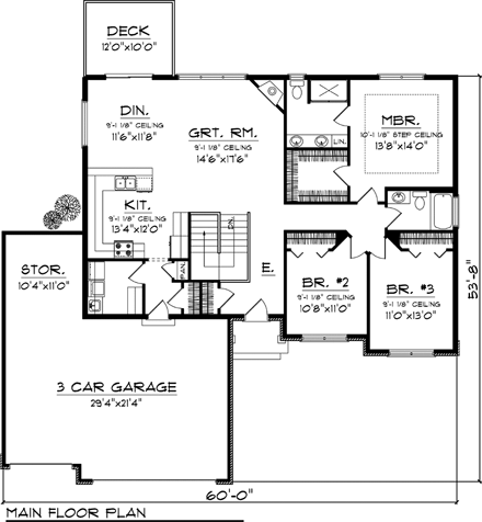 Ranch House Plan 73149 with 3 Beds, 2 Baths, 3 Car Garage First Level Plan
