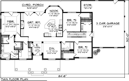 Ranch House Plan 73152 with 3 Beds, 2 Baths, 3 Car Garage First Level Plan