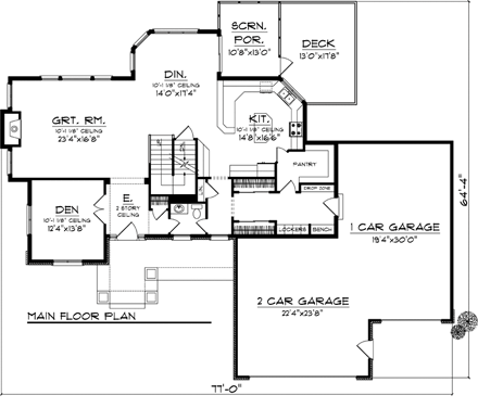 House Plan 73164 with 4 Beds, 4 Baths, 3 Car Garage First Level Plan