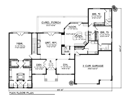 One-Story, Southwest House Plan 73184 with 3 Beds, 4 Baths, 3 Car Garage First Level Plan
