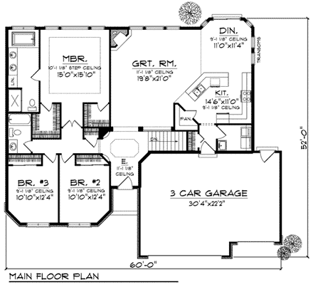 Country, One-Story, Ranch House Plan 73189 with 3 Beds, 2 Baths, 3 Car Garage First Level Plan