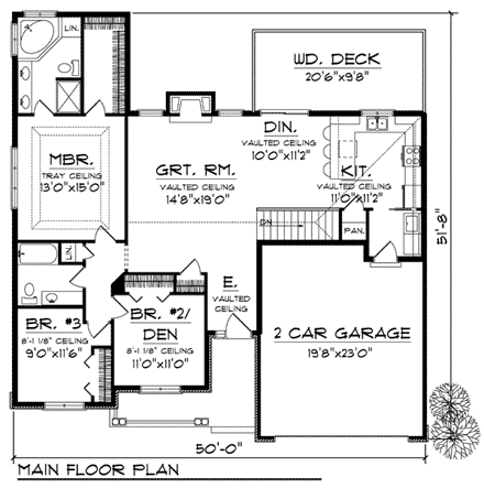 Narrow Lot, One-Story, Ranch House Plan 73202 with 3 Beds, 2 Baths, 2 Car Garage First Level Plan
