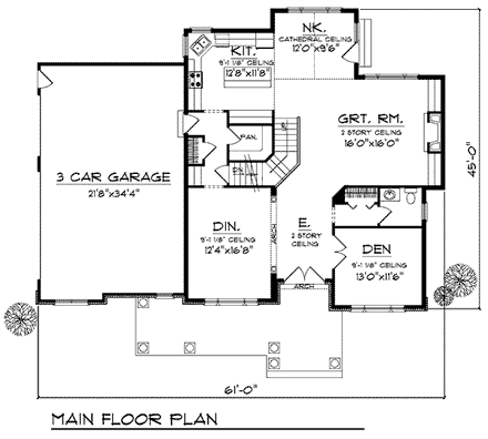 European House Plan 73205 with 4 Beds, 4 Baths, 3 Car Garage First Level Plan