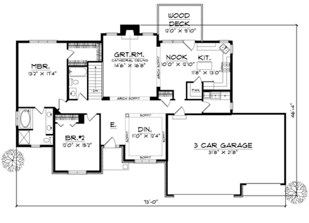Traditional House Plan 73246 with 2 Beds, 2 Baths, 3 Car Garage First Level Plan
