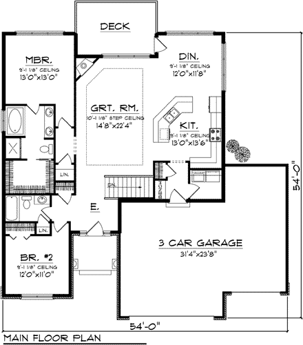 Ranch House Plan 73259 with 2 Beds, 2 Baths, 3 Car Garage First Level Plan