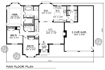 Craftsman, One-Story House Plan 73279 with 3 Beds, 3 Baths, 3 Car Garage First Level Plan