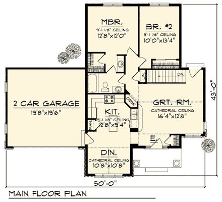 One-Story, Traditional House Plan 73294 with 2 Beds, 1 Baths, 2 Car Garage First Level Plan