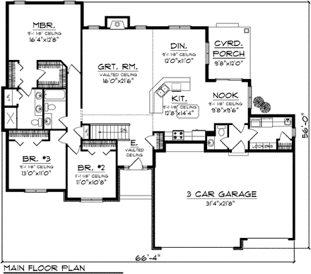 Ranch House Plan 73298 with 3 Beds, 3 Baths, 3 Car Garage First Level Plan
