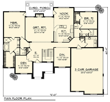 One-Story, Traditional House Plan 73299 with 2 Beds, 3 Baths, 3 Car Garage First Level Plan