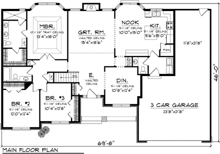 Ranch House Plan 73301 with 3 Beds, 3 Baths, 3 Car Garage First Level Plan