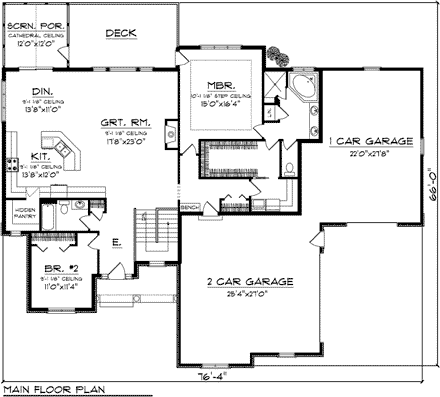 Ranch House Plan 73302 with 2 Beds, 2 Baths, 3 Car Garage First Level Plan