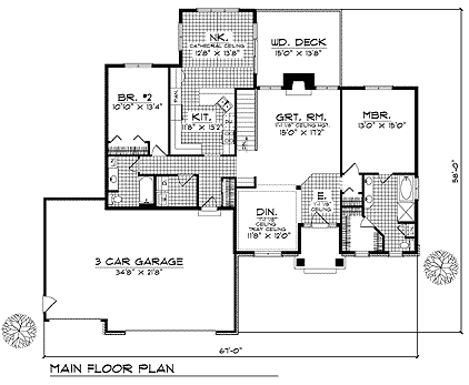 European, One-Story House Plan 73344 with 2 Beds, 2 Baths, 3 Car Garage First Level Plan
