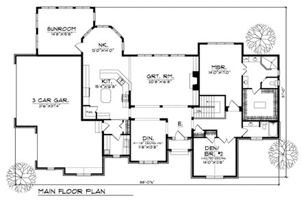 European, One-Story House Plan 73366 with 2 Beds, 2 Baths, 3 Car Garage First Level Plan