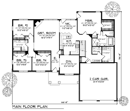 One-Story, Traditional House Plan 73367 with 4 Beds, 3 Baths, 2 Car Garage First Level Plan