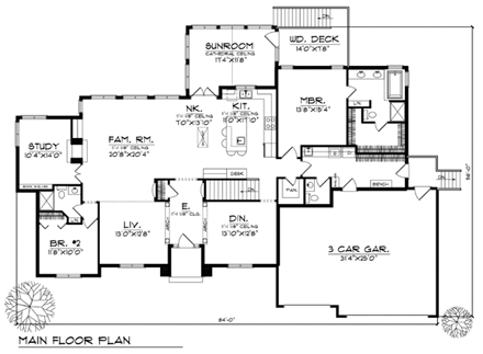 One-Story, Traditional House Plan 73368 with 2 Beds, 3 Baths, 3 Car Garage First Level Plan