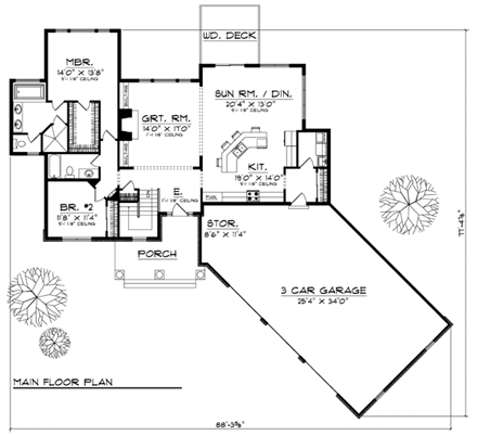 One-Story, Traditional House Plan 73384 with 2 Beds, 2 Baths, 3 Car Garage First Level Plan