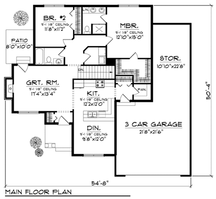 One-Story, Traditional House Plan 73407 with 2 Beds, 2 Baths, 3 Car Garage First Level Plan