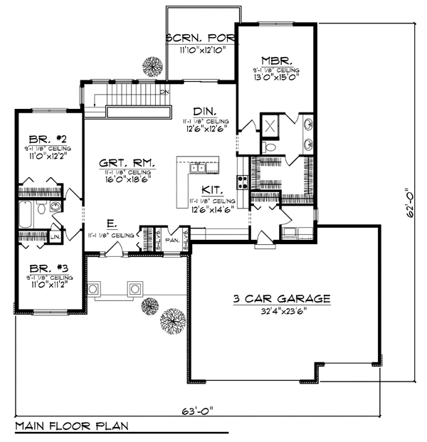 One-Story, Traditional House Plan 73425 with 5 Beds, 3 Baths, 3 Car Garage Level One