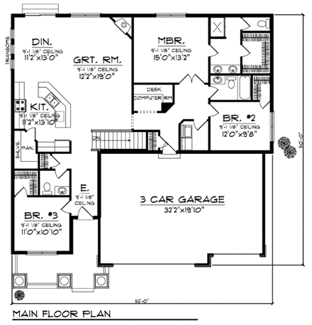 Craftsman House Plan 73426 with 3 Beds, 2 Baths, 3 Car Garage First Level Plan