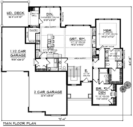 Craftsman, Traditional House Plan 73429 with 2 Beds, 3 Baths, 3 Car Garage First Level Plan