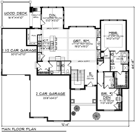 Craftsman, Traditional House Plan 73430 with 4 Beds, 4 Baths, 3 Car Garage First Level Plan