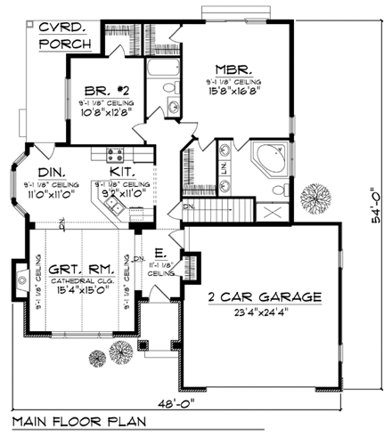 Traditional House Plan 73437 with 2 Beds, 2 Baths, 3 Car Garage First Level Plan