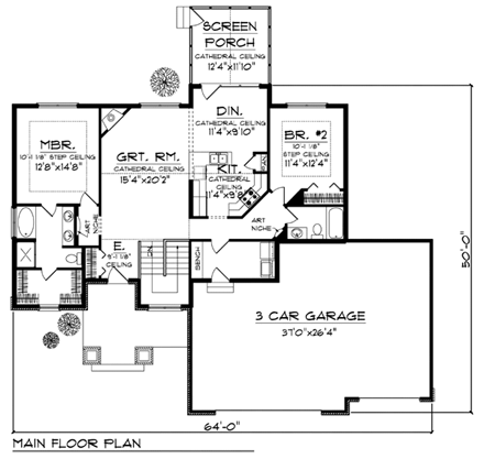 One-Story, Traditional House Plan 73438 with 2 Beds, 2 Baths, 3 Car Garage First Level Plan
