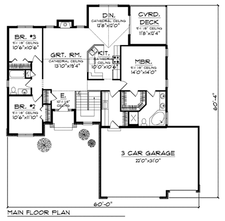 Contemporary, Mediterranean House Plan 73439 with 3 Beds, 2 Baths, 3 Car Garage First Level Plan