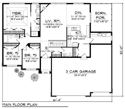 One-Story, Traditional House Plan 73440 with 3 Beds, 3 Baths, 3 Car Garage First Level Plan