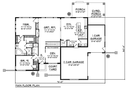 Prairie, Southwest House Plan 73443 with 2 Beds, 2 Baths, 3 Car Garage First Level Plan