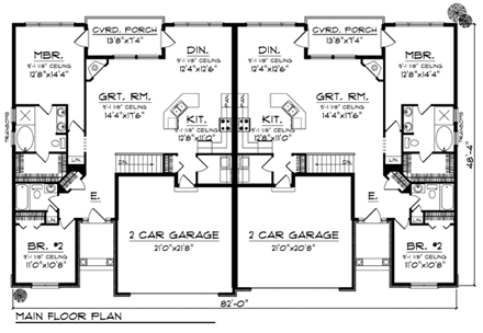 European Multi-Family Plan 73452 with 4 Beds, 4 Baths, 4 Car Garage First Level Plan