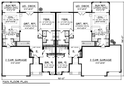 Traditional Multi-Family Plan 73453 with 4 Beds, 4 Baths, 5 Car Garage First Level Plan