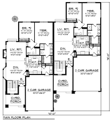 Traditional Multi-Family Plan 73456 with 4 Beds, 4 Baths, 4 Car Garage First Level Plan